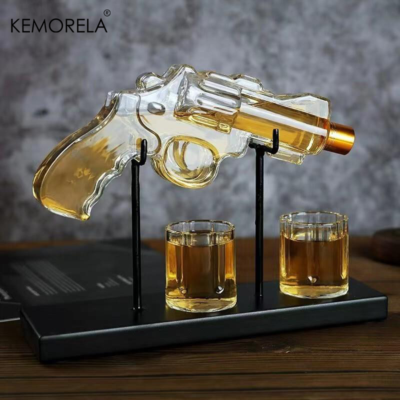 Glass Decanter Whiskey - Kemorela-リボルバーガラスデカンター,ウイスキーグラスセット,ワインディスペンサー,バードリンクコンテナ,絶妙なボトル,メンズギフト
