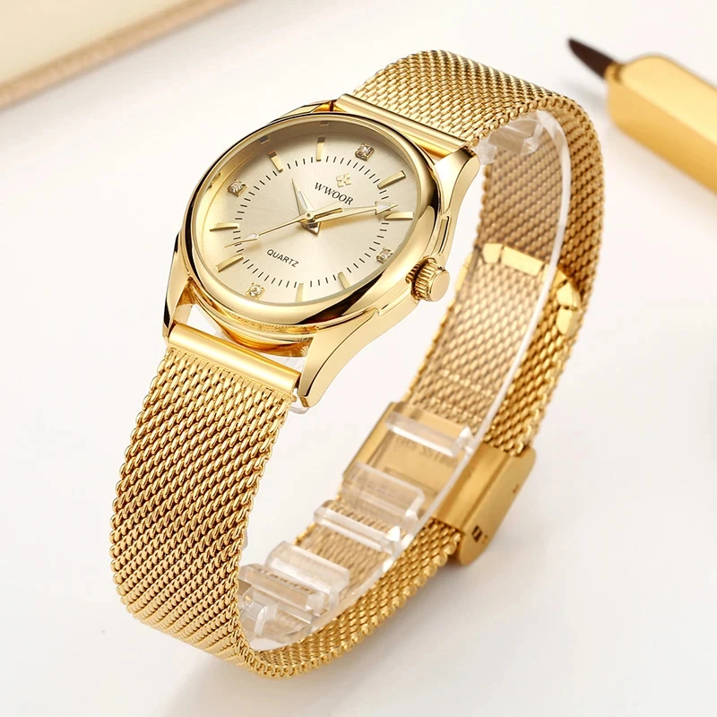 Luxury Lifestyle Brand - WWOOR 高級ブランドドレスゴールド腕時計レディースエレガントなダイヤモンド小型クォーツ腕時計女性用スチールメッシュ時計 zegarek damski
