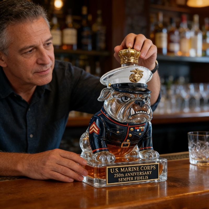 Glass Decanter Whiskey - 米国海兵隊ブルドッグウイスキーデキャンタ、250周年記念ミリタリーグラスボトル、バー装飾＆退役軍人へのギフト